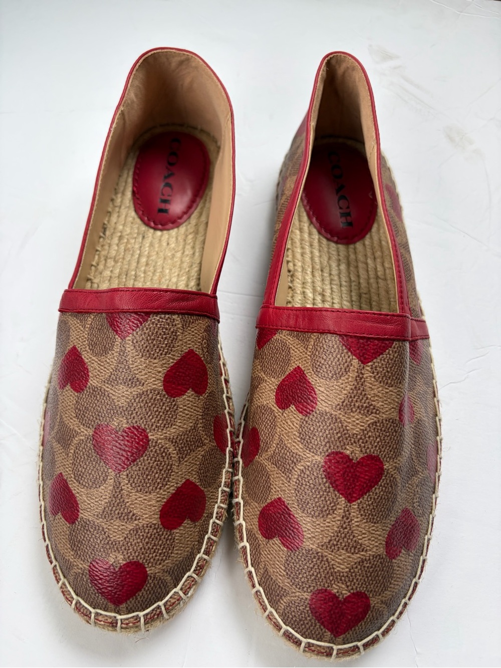 Coach Brown Signature Espadrilles with Red Heart Print